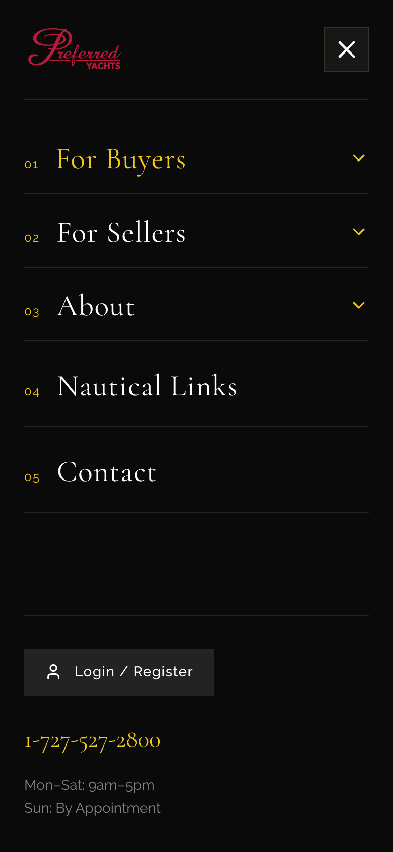 Preferred Yachts website on mobile