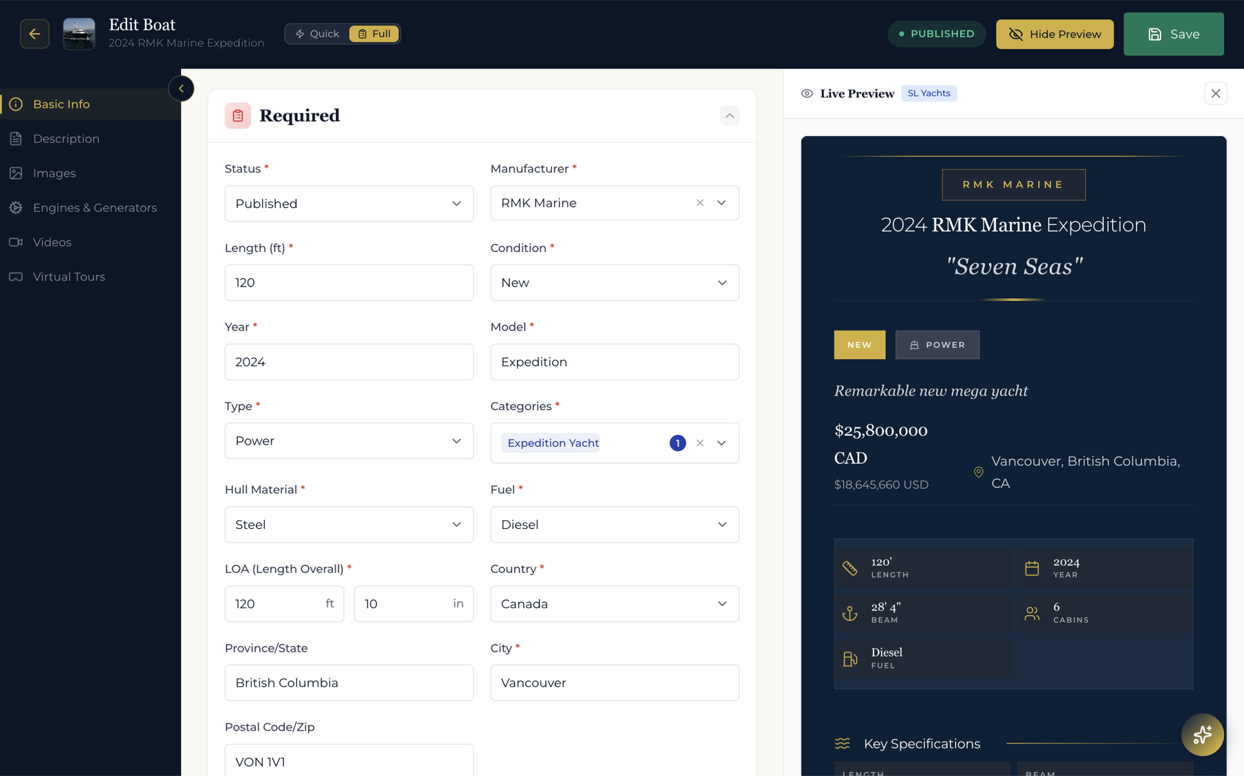 YachtOne boat editor with a live website preview